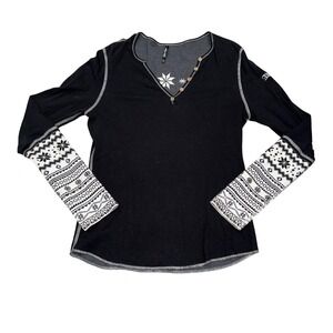 Alp n Rock Black Snowflake Henley Long Sleeve Shirt Women's Size L